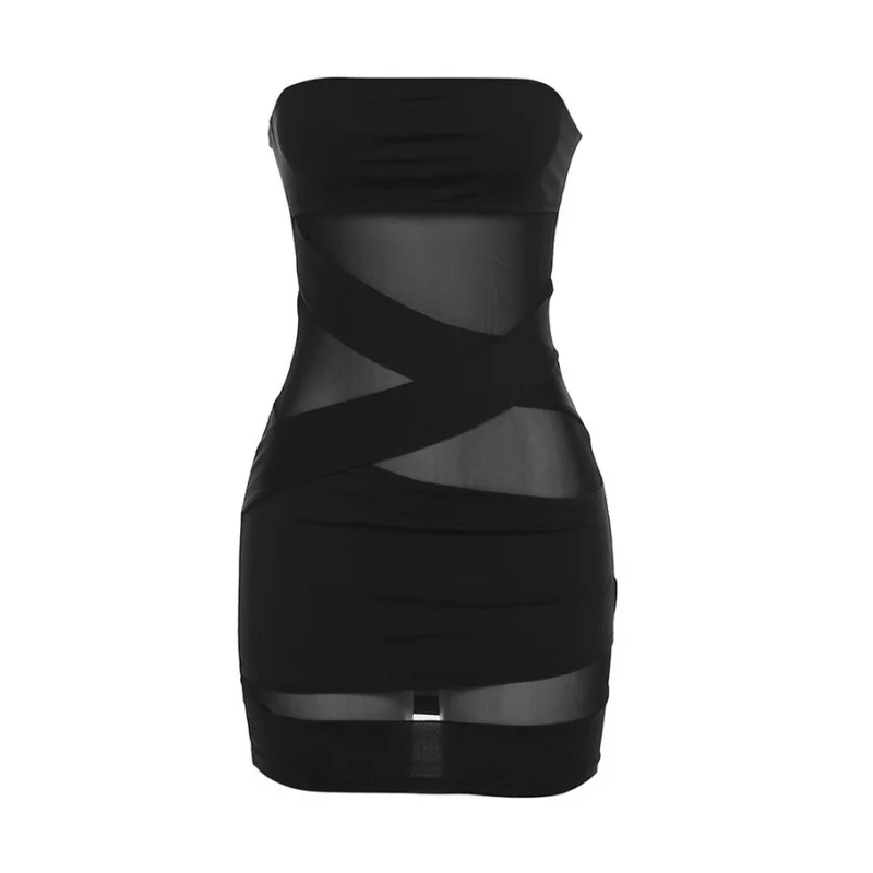 Slash Neck Black Vestidos De Mujer Mini Y2k Clothes Sexi Night Dress Hot Club Outfits Mesh See Through Bodycon Dress For Women