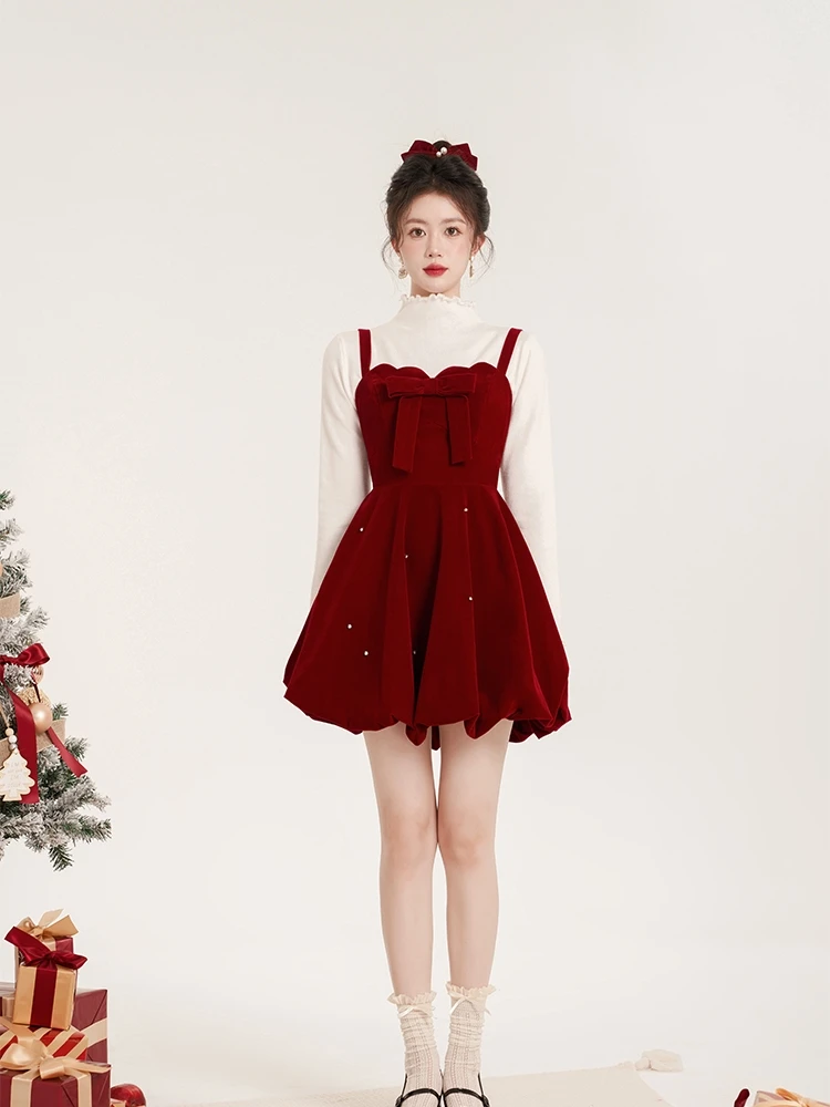 Christmas Two-piece Dress Set Women Solid Sweater A-line Velvet Sleeveless Short Dress Korean Fashion Female Autumn New Outfits