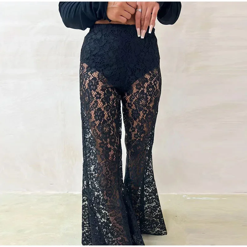 Sexy Lace Sheer Flare Pant Women Hollow Out Lady Vacation Long Trousers Female 2025 Spring Elastic High Waist Streetwear New