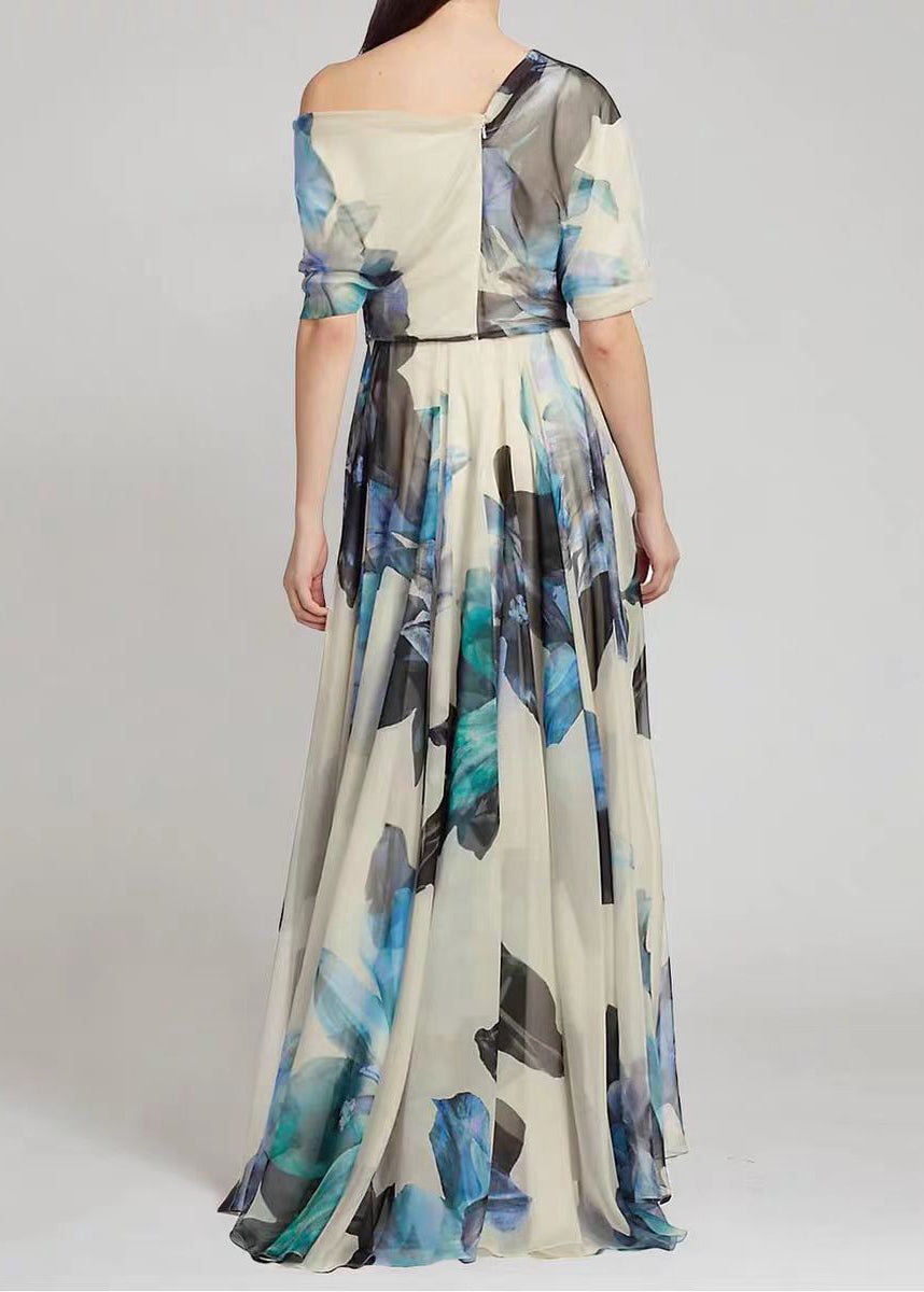 Ladies' French Sky Blue Asymmetric Printed Chiffon Long Skirt Summer