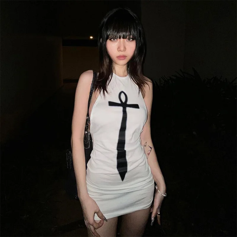 Printing Y2k Dress Bodycon Sexi Night Dress Hot White Club Outfits For Women Summer Clothes Backless Vestidos De Mujer Cover-ups
