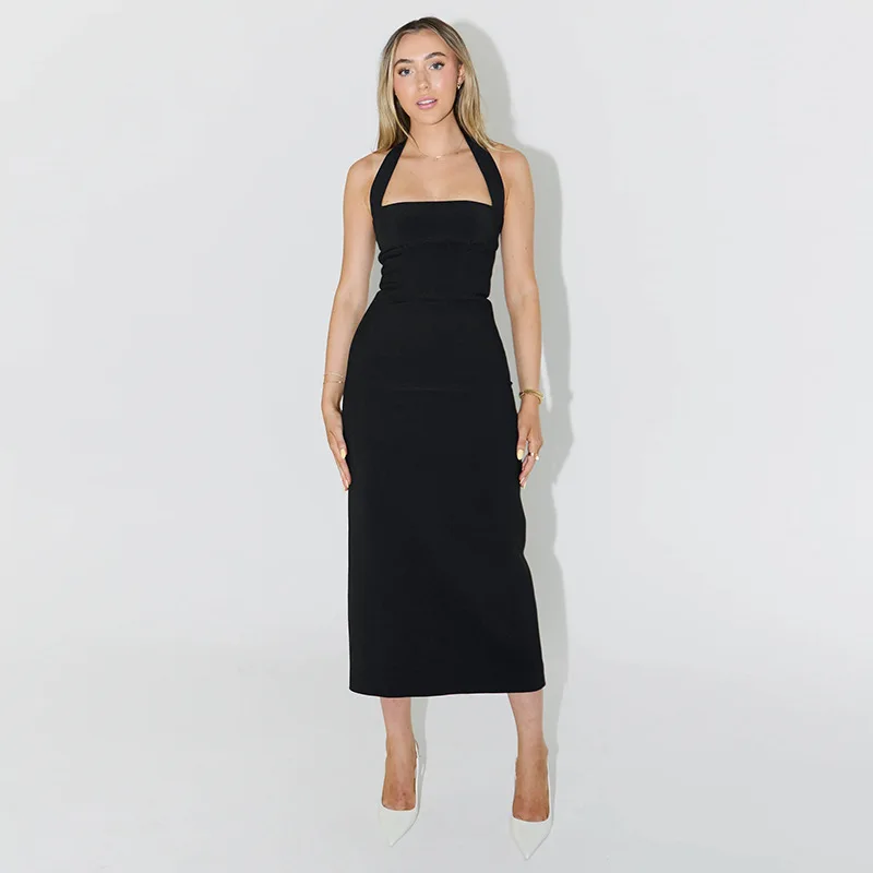 One-Shoulder Bodycon Black Evening Dress For Women Sexy Backless Sleeveless Neck-Mounted Long Party Dress Female Elegant