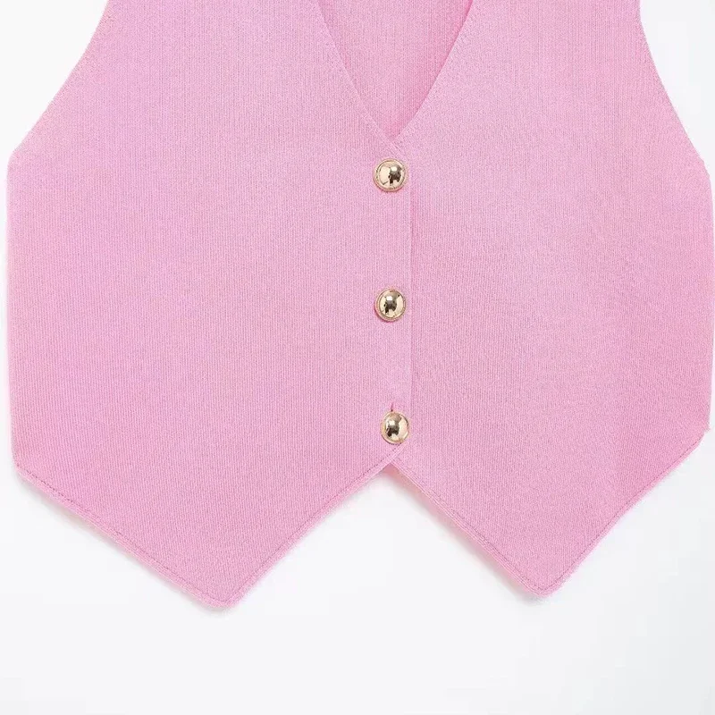 Elegant Knit Short Vest for Women V Neck Single Breasted Sleeveless Waistcoat Pink Top Female New Lady Classic Streetwear