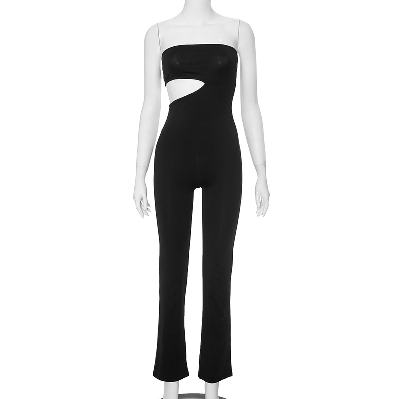 Cash Design Black Tube Top Waist Baring Slim Fit Slimming Long Jumpsuit for Women