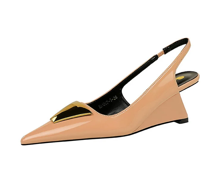 Patent Leather High Heels Wedges Shoes Lady Trendy Pumps Pointed Toe Hollow Back Strap 6.5 Cm Women Sandals White Heels Shoes