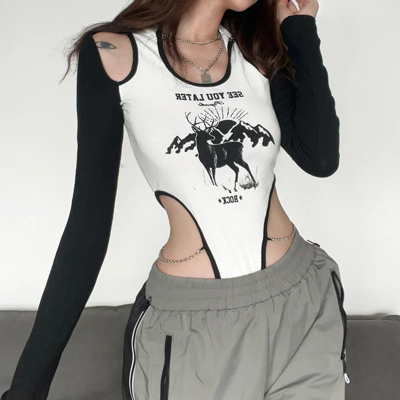 Print Bodysuit Off Shoulder Hooded Corset Tops Women Festival Clothing Lingerie Sexy One-Pieces Rave Outfit Chain Body Feminino