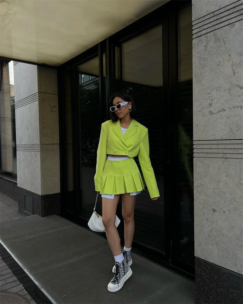 2025 Fall Women Blazer Suit Two Piece Sets Turn-down Collar Blazers Tops And Pleated Skirts Femme High Street Y2K Outfits