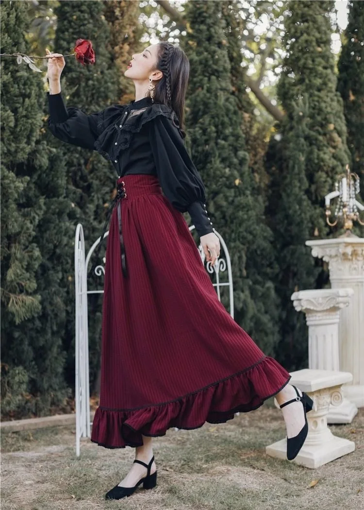 Vintage Gothic Two-Piece Skirt Sets Women Black Lace Ruffle Blouse Lace-up Midi Skirt Autumn New Court Retro Suits Y2k Outfits