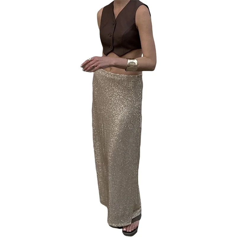 Sequin Long Skirts for Women Solid Color Elastic High Waist Skirt Fashion Elegant Ladies Evening Party Skirt Clubwear