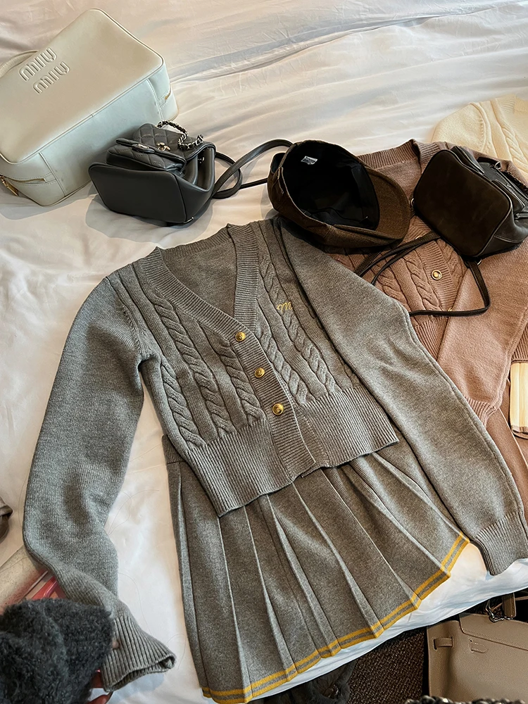 Autumn Knitted Two Piece Skirt Set Women Long Sleeve Single Breasted V-neck Top Mini Pleated Skirt Korean Chic Female Outfit New