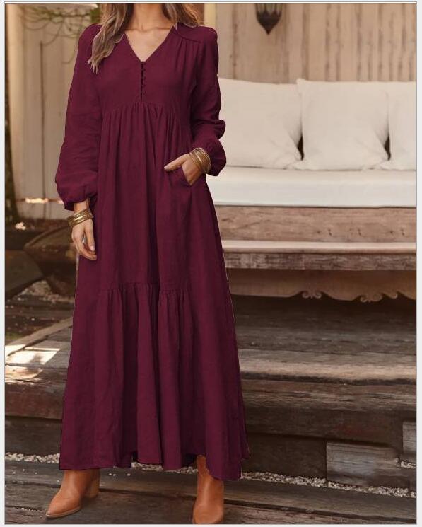 Autumn Winter Women Clothing Button Cotton Linen Retro Casual Long-Sleeved Dress Large Swing Dress Multi-Color