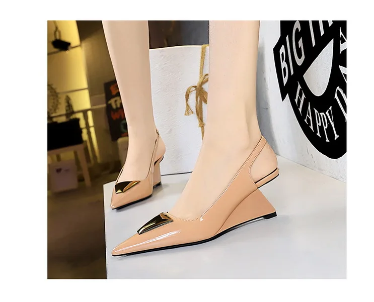 Patent Leather High Heels Wedges Shoes Lady Trendy Pumps Pointed Toe Hollow Back Strap 6.5 Cm Women Sandals White Heels Shoes