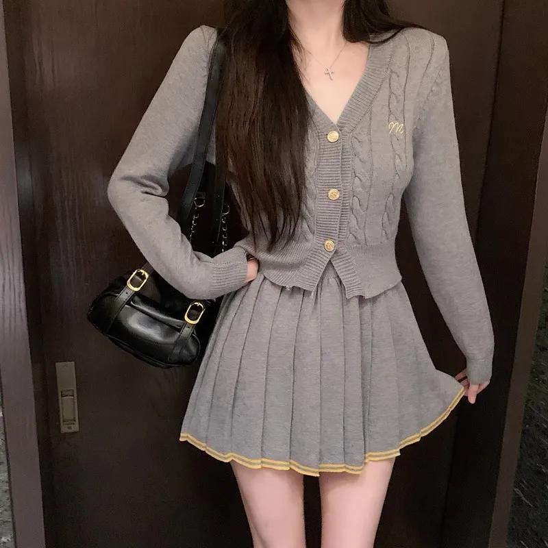 Autumn Knitted Two Piece Skirt Set Women Long Sleeve Single Breasted V-neck Top Mini Pleated Skirt Korean Chic Female Outfit New