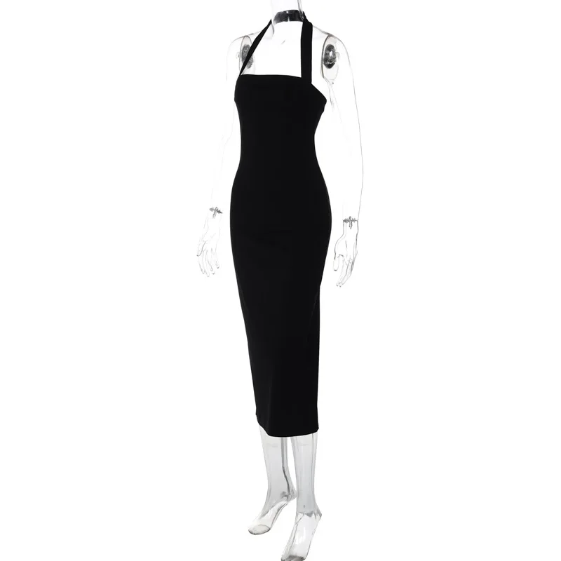 One-Shoulder Bodycon Black Evening Dress For Women Sexy Backless Sleeveless Neck-Mounted Long Party Dress Female Elegant