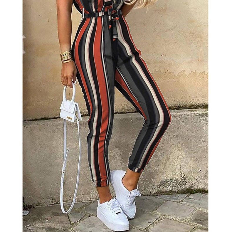 Women Clothing Trousers Casual Collared Button Printed Belt Cargo Overalls Plus size