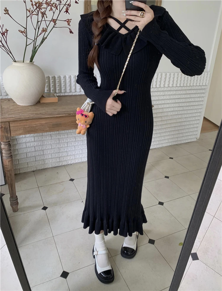 Autumn Knitted Dresses for Women Ruffles V-neck Solid Bodycon Casual Solid Midi Dress Korean Fashion Vestidos Mujer New Knitwear