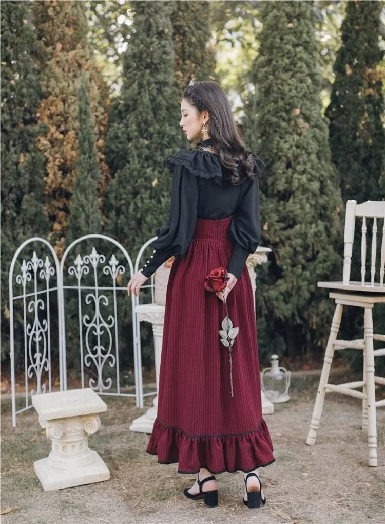 Vintage Gothic Two-Piece Skirt Sets Women Black Lace Ruffle Blouse Lace-up Midi Skirt Autumn New Court Retro Suits Y2k Outfits
