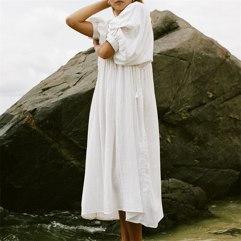 Beach Party Dress Women Summer Solid Color Round Neck Tie Front Puff 3/4 Sleeve Loose Midi Dress Vacation Dresses