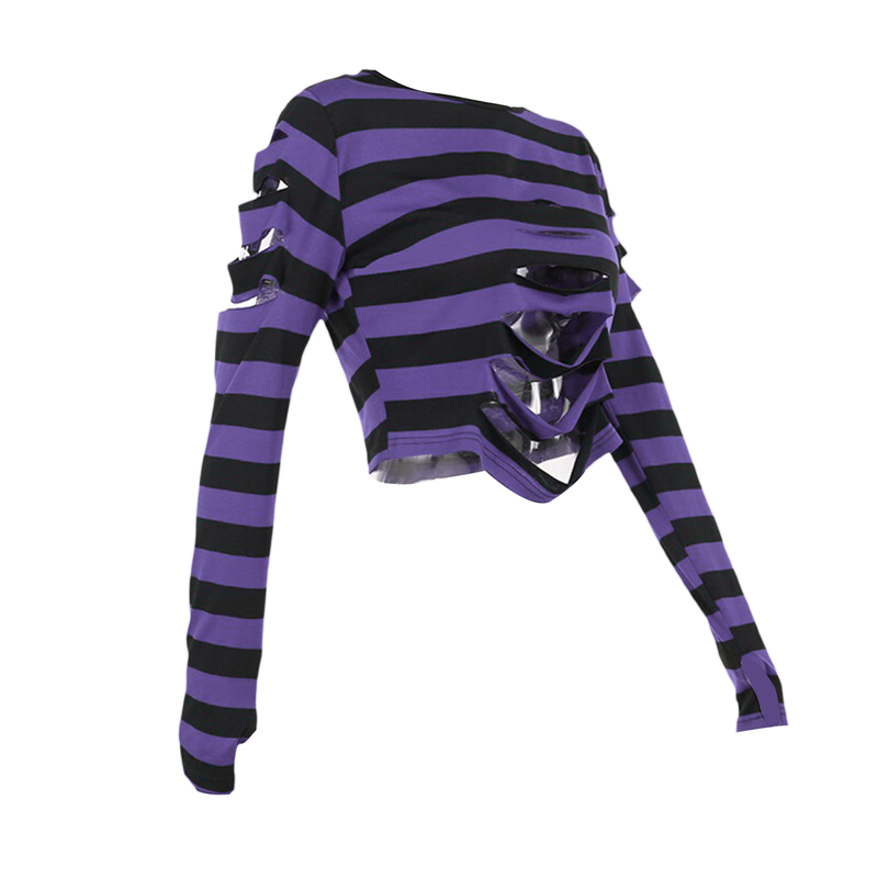 Cyber Punk y2k Top 2000s Women Striped Round Neck Long Sleeve T Shirt with Hole Gothic Clothes E Girl Tees Streetwear