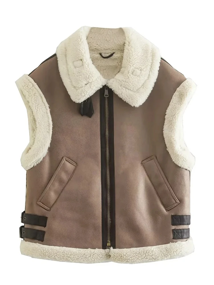 Suede Leather Thick Fleece Jacket Autumn Winter Women Splice Sleeveless Faux Shearling Jackets Vest Y2K Cardigans Coats