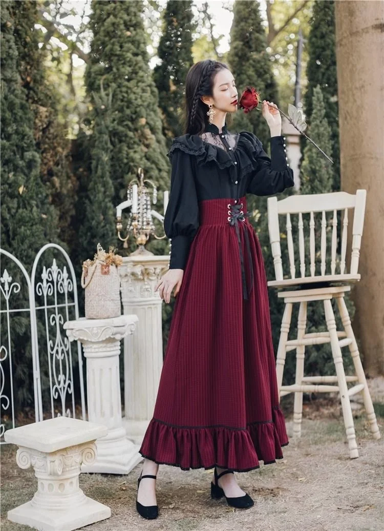 Vintage Gothic Two-Piece Skirt Sets Women Black Lace Ruffle Blouse Lace-up Midi Skirt Autumn New Court Retro Suits Y2k Outfits