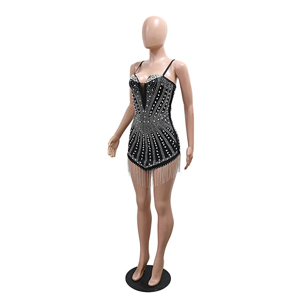 Suspenders Rhinestone Chain Terms Sexy Irregular Asymmetric Dress Women