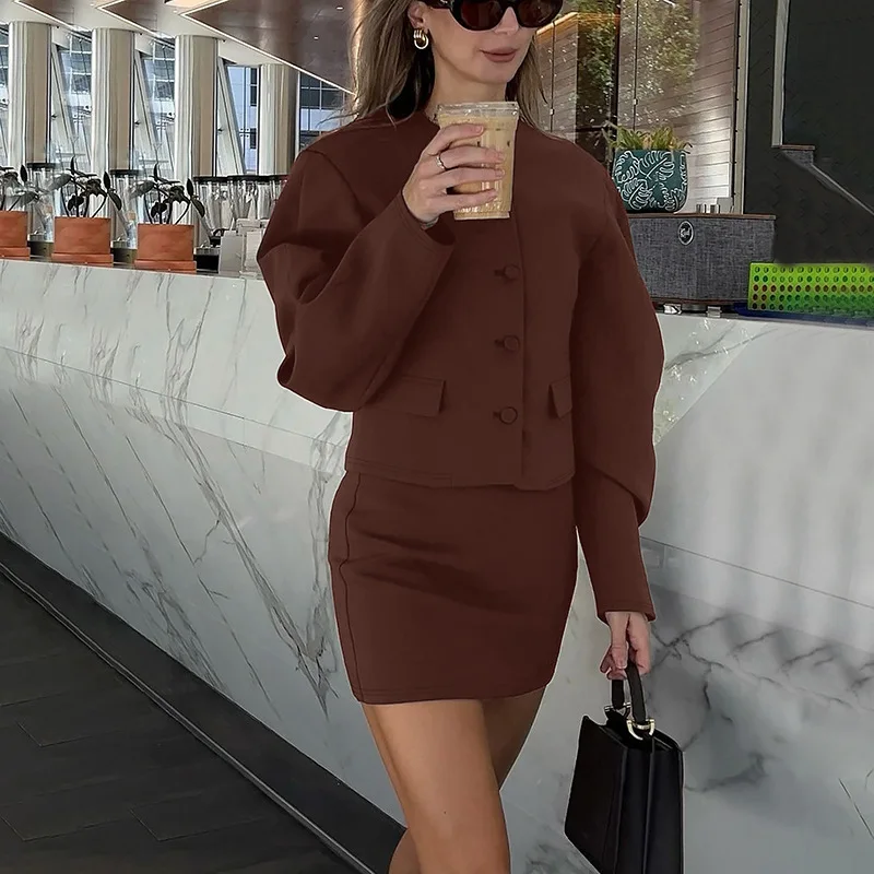 Fashion Cardigan Skirt Two Pieces Set Female Button Long Sleeve Top Slim Solid Mini Skirt Chic Matching Set Autumn Casual