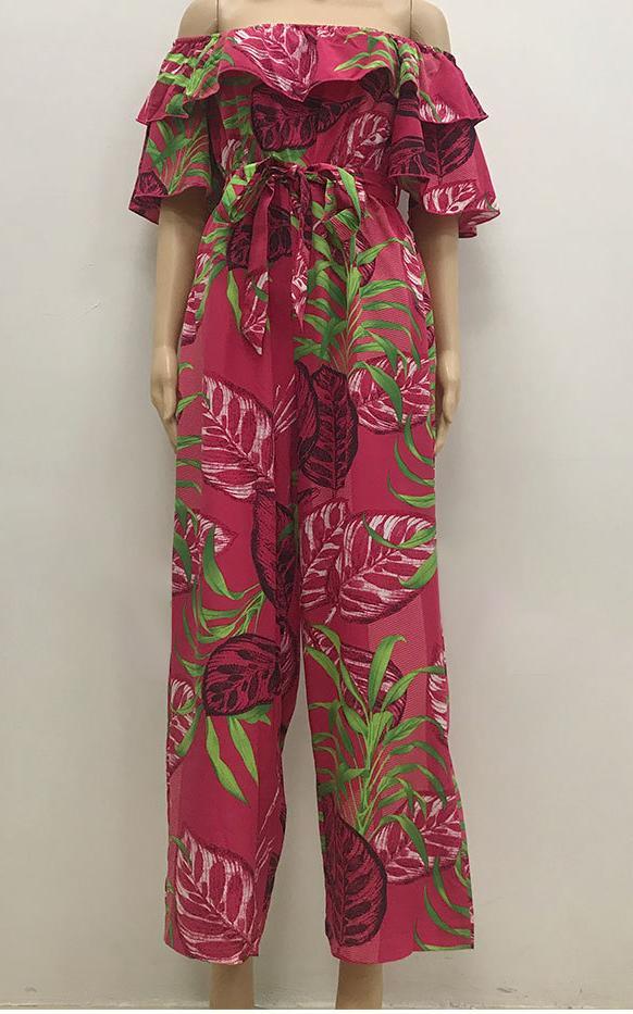 Women Clothing Fashion off-Shoulder Floral Jumpsuit Summer Short Sleeve Chiffon Vacation Beach Jumpsuit