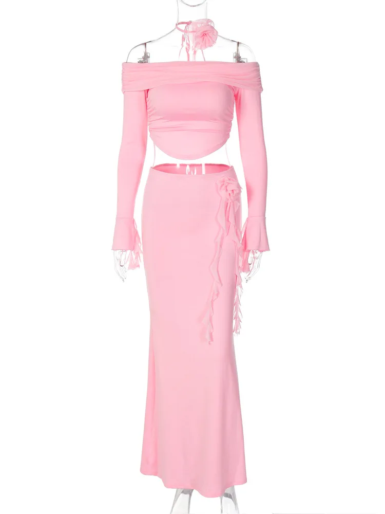 Winter New Sexy Long Sleeved Half Skirt Set For Woman 3D Flower Slim Tight Long Skirt Party Evening Dress Two Piece Set