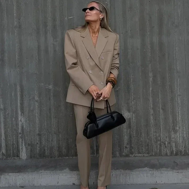 Striped Pant 2 Piece Set Women Double-breasted Full Sleeve Blazer Wide Leg Zipper Long Trousers Female 2025 Lady Commute Outfits