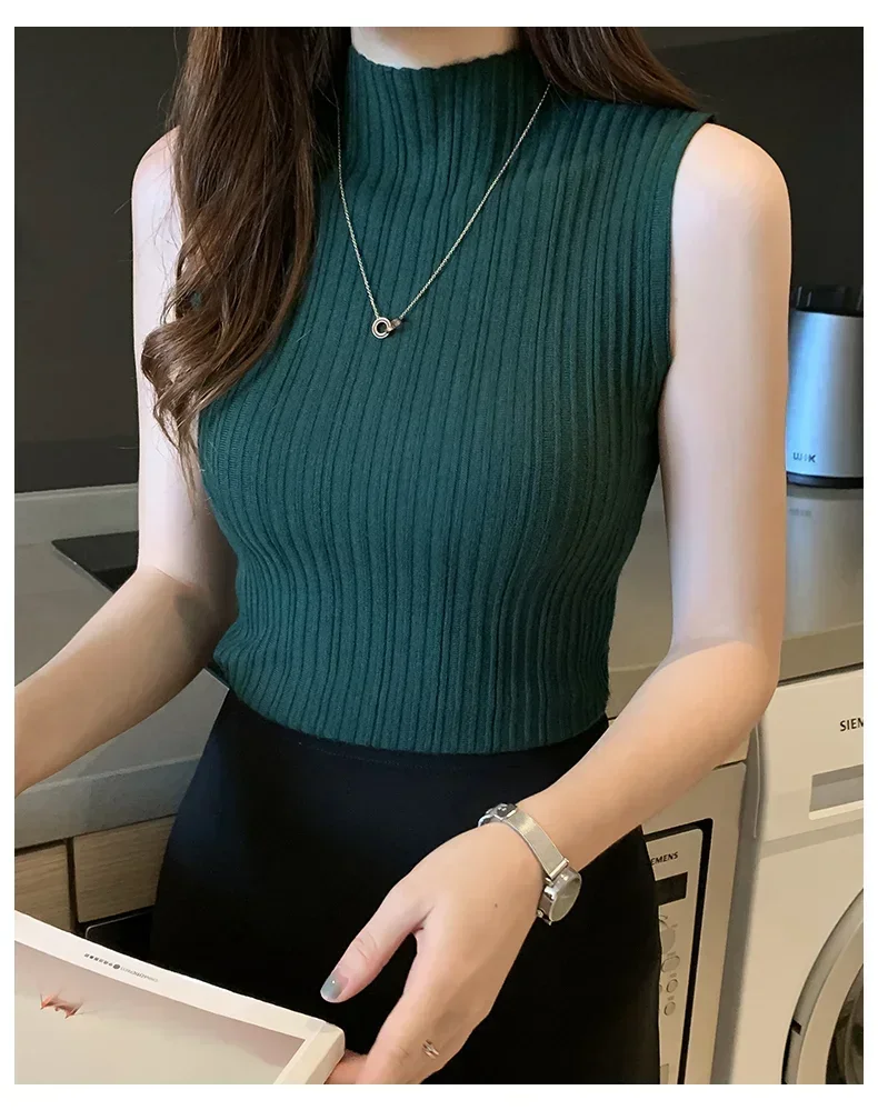 Women Knitted Slim Tank Top Solid Sleeveless Sexy O-Neck Crop Top Casual T-shirt Cotton Off Shoulder Crop Tank Top Summer