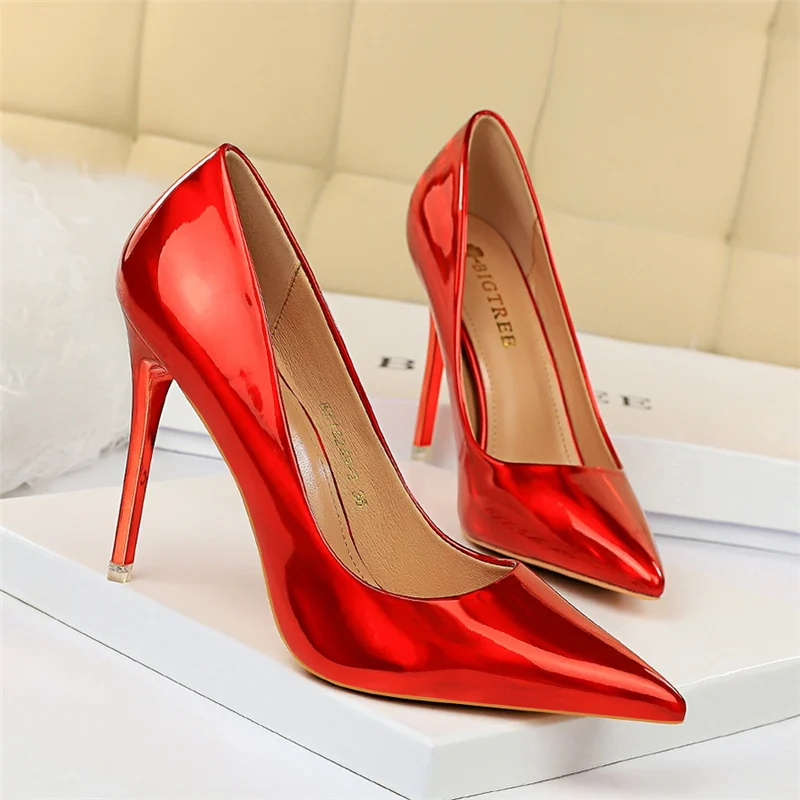 Women 10.5cm High Heels Blue Green Valentine Pumps Luxury Glossy Stripper Stiletto Wedding Bridal Fetish Shoes Plus Size 43