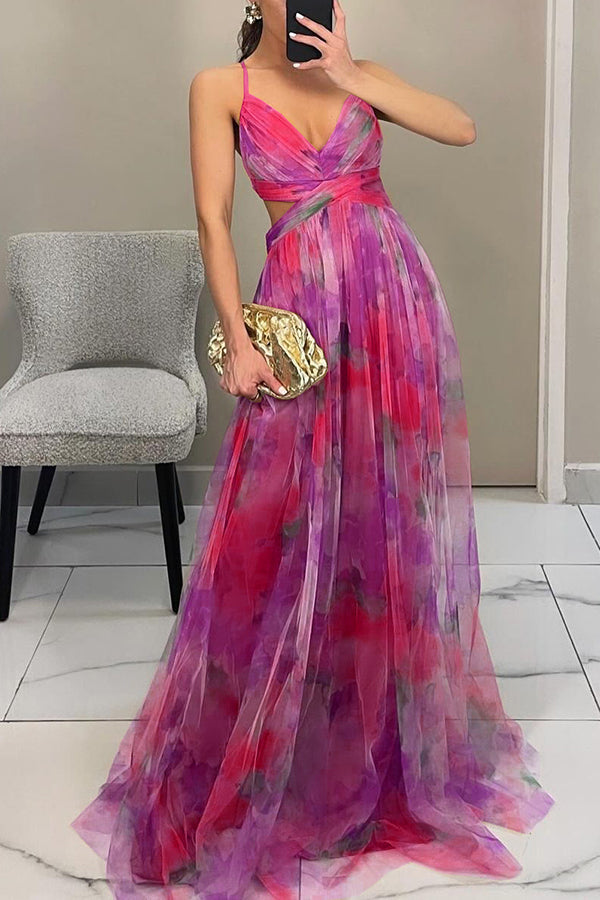 Ladies' summer princess chiffon printed hollow sexy waist and back lace up long dress