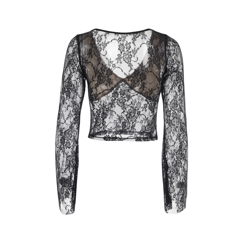 Cyber y2k Tops Women Aesthetic See Through Floral Lace Flared Long Sleeve T Shirt 2000s Goth Grunge Clothing Streetwear
