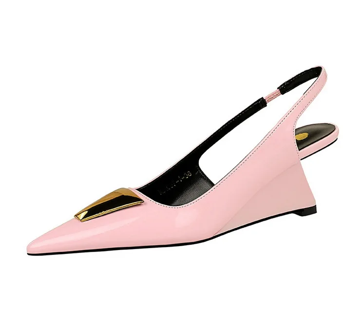 Patent Leather High Heels Wedges Shoes Lady Trendy Pumps Pointed Toe Hollow Back Strap 6.5 Cm Women Sandals White Heels Shoes