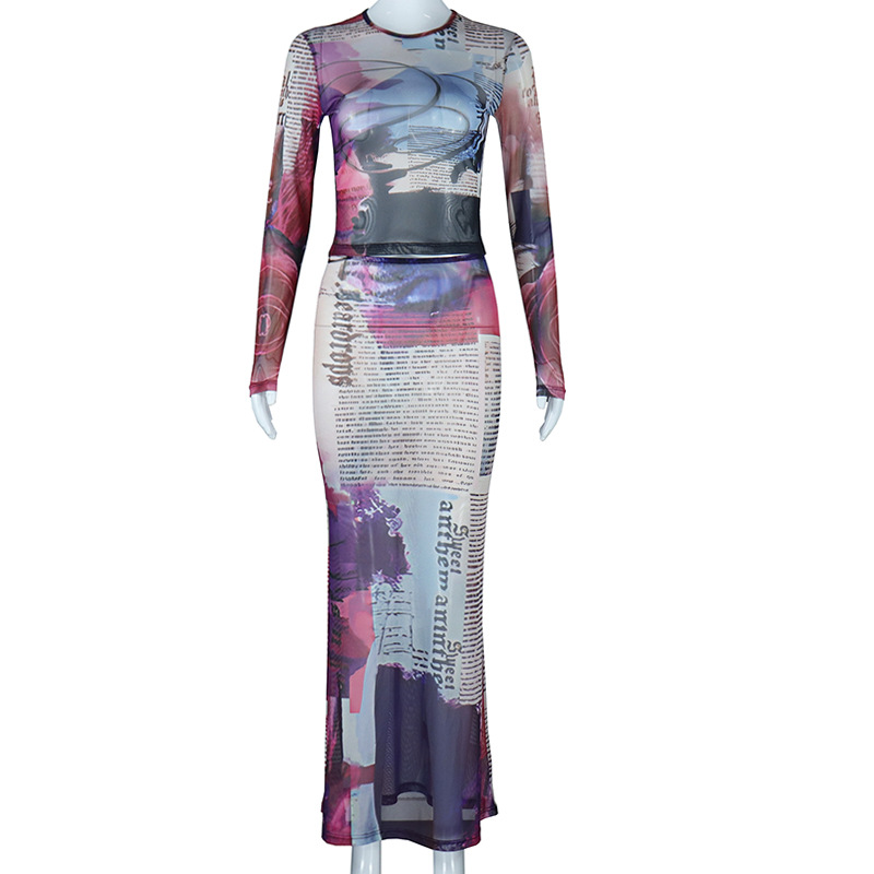 Sexy See through Mesh Suit round Neck Print Long Sleeves Short Top Sheath Slim Fit Skirt Two Pieces Women