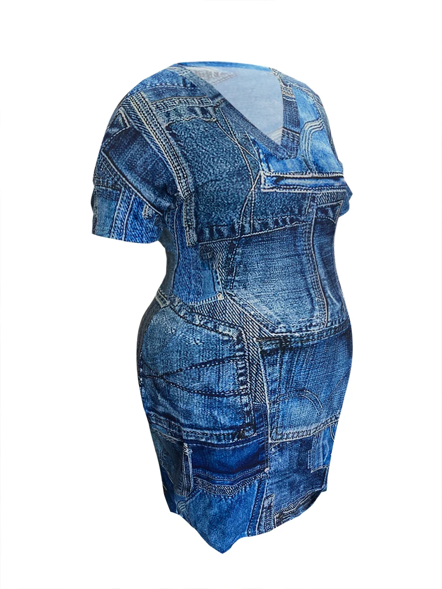 Plus Size Imitation Denim V Neck Pocket Design Dress Women's T-Shirt Summer Loose Dress Vestidos