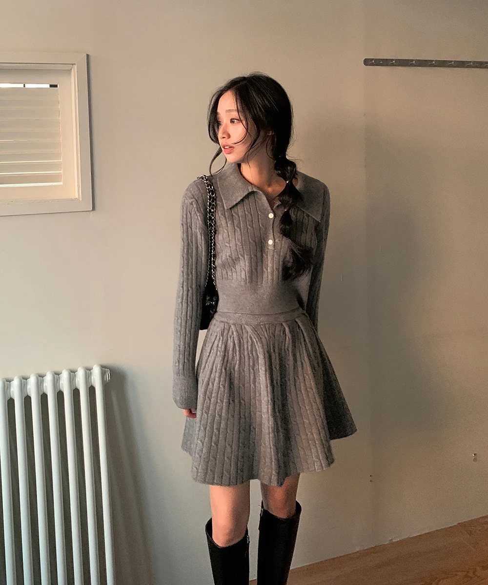 Korean Fashion Two-piece Set Women Pullover Turn-down Collar Crop Top Mini Skirt Solid Casual Suit Autumn New Knitwear Outfits