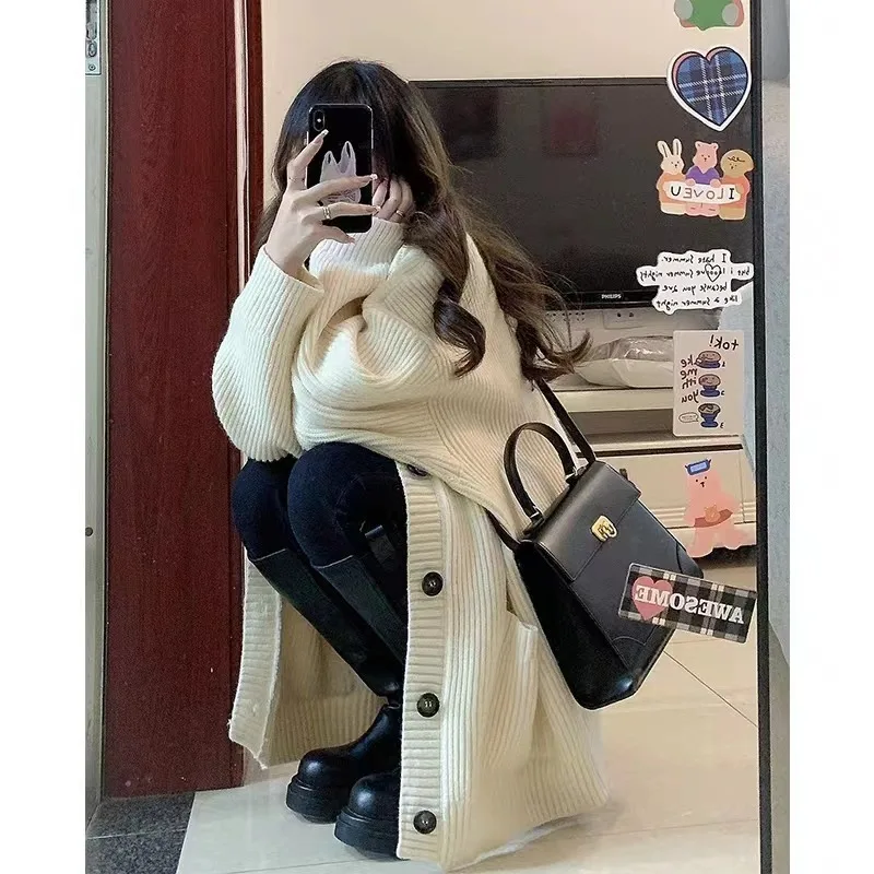 Women Sweater Cardigans Coats Autumn Winter Fashion Female Long Sleeve V-neck Loose Knitted Jackets Casual Cardigan Sweaters