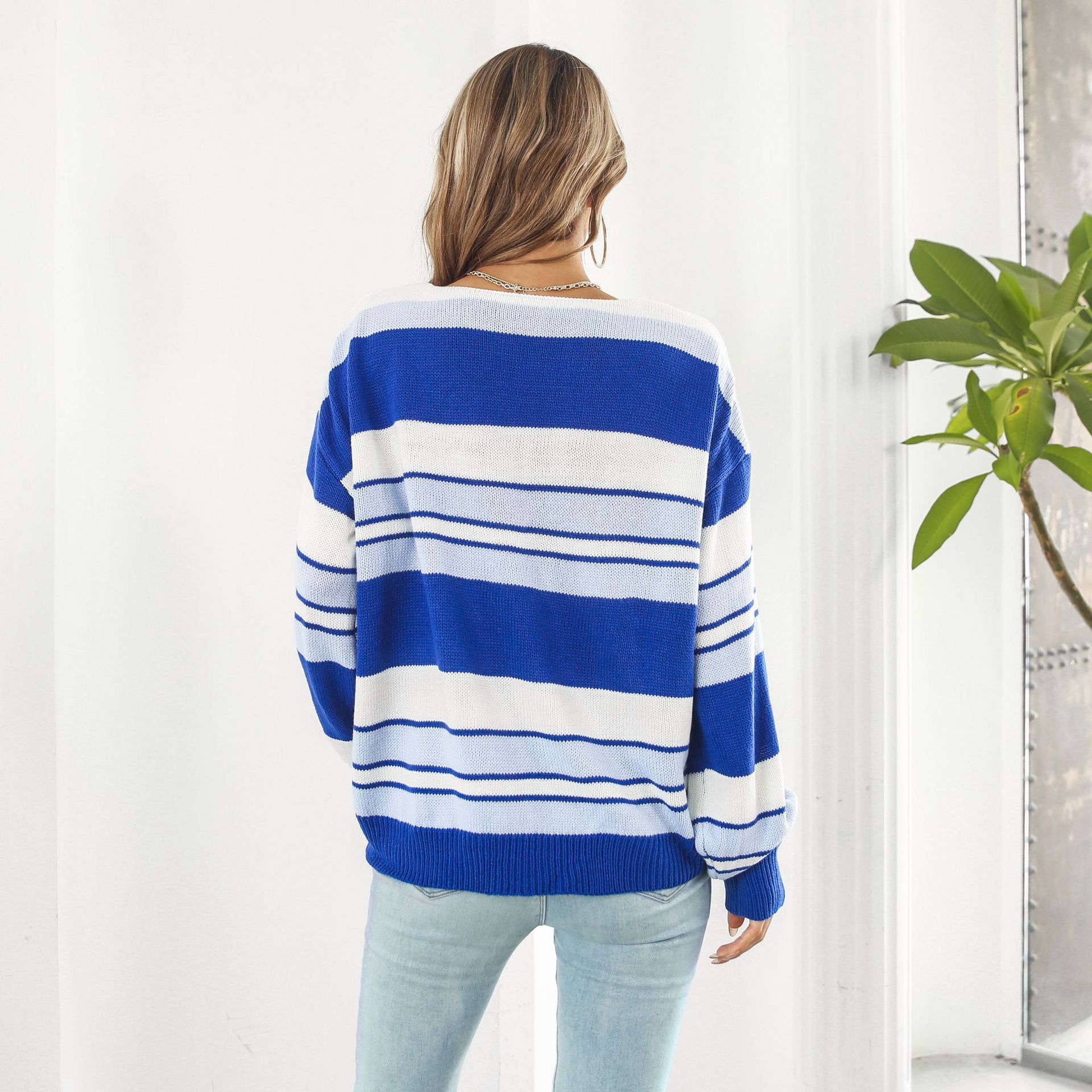 Striped Gradient Color V neck Long Sleeved Women Loose Autumn Winter Knitwear Sweater