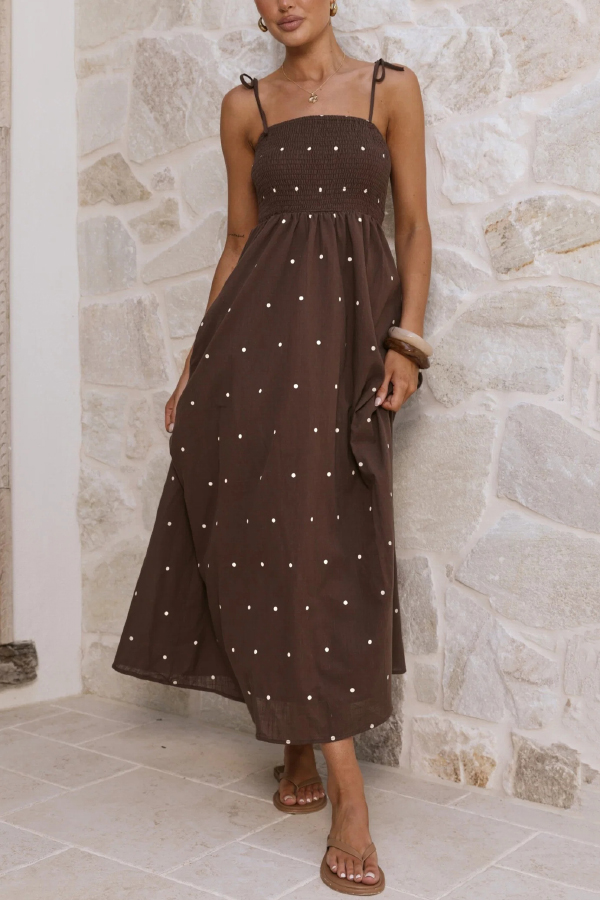 Fashionable Polka Dot Print Suspender High-waisted Pleated Casual Maxi Dress