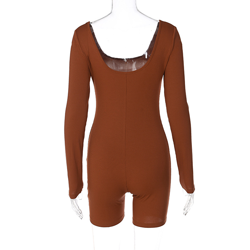 Women Clothing Winter Solid Color Rib U Neck Long Sleeved Slim Fit Hip Raise Sports Jumpsuit Women