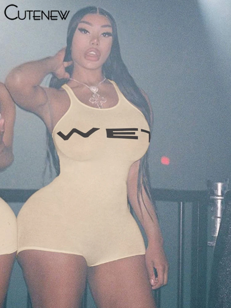 Letter Print Playsuits Women Concise Casual Summer Tank Style O-neck Slim Rompers Female Sporty Style Basic One Piece