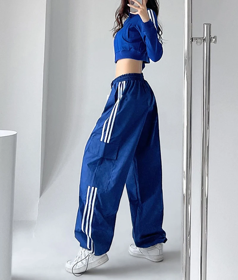 Striped Sweatpants Women Hip Hop Streetwear Baggy Wide Leg Cargo Pants Bf Y2K High Waist Drawstring Joggers Trousers