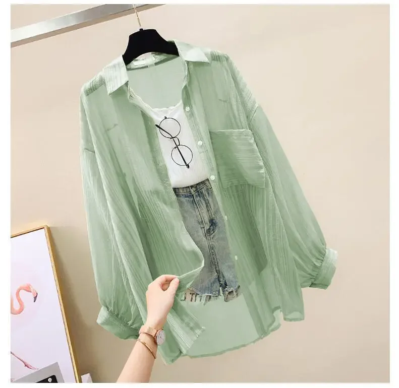 Women Elegant Long Sleeve Perspective Sheer Sunscreen Chiffon Blouse Korean Fashion Loose Shirt Women Summer Beach Cardigans