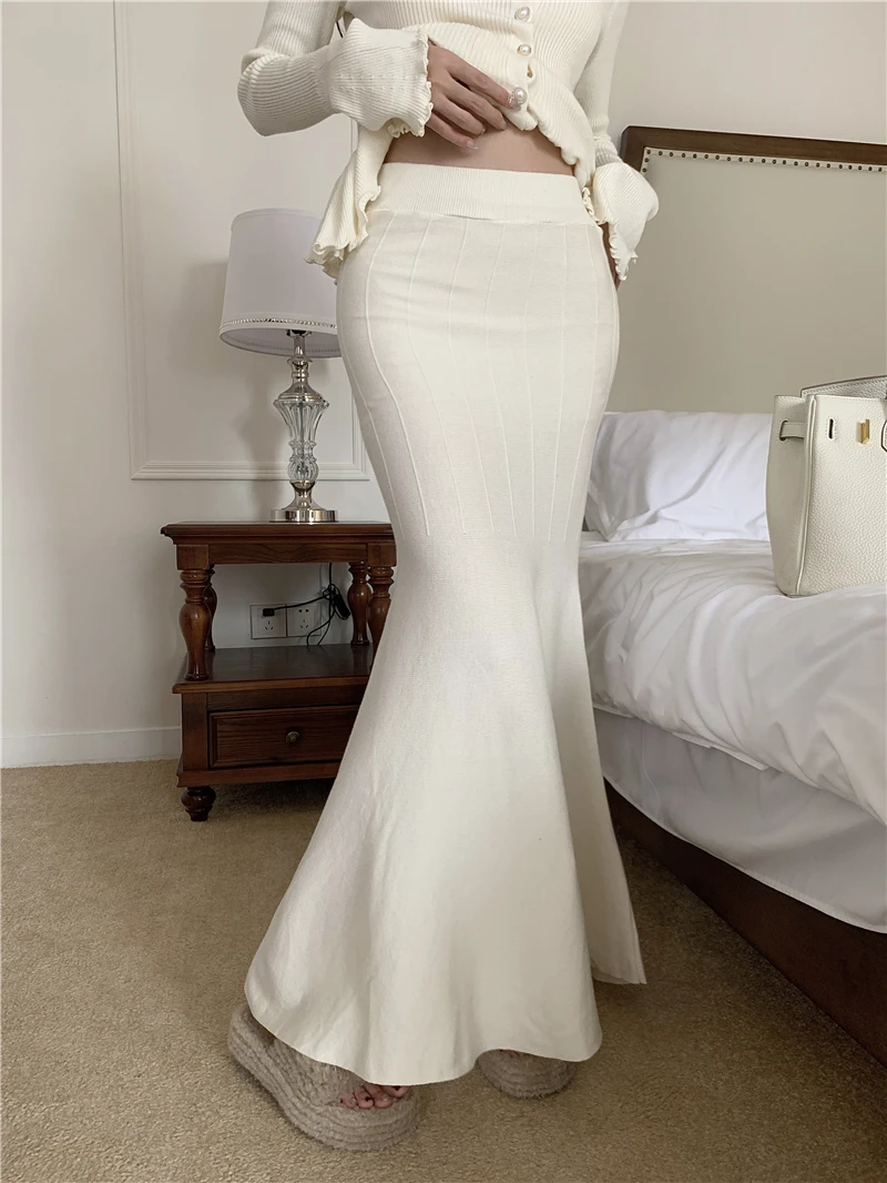 Autumn Winter Knitted 2-Piece Sets Women Ruffles Tops Bodycon Fishtail Skirt Slim Solid Knitwear Outfits Korean Fashion Suit