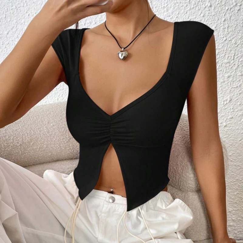 Instagram's new European and American sexy Spice girls design a thin short T-shirt with a slit under the chest