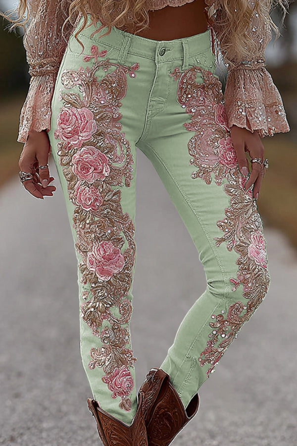 3D Floral Print Pocket Casual Jeans