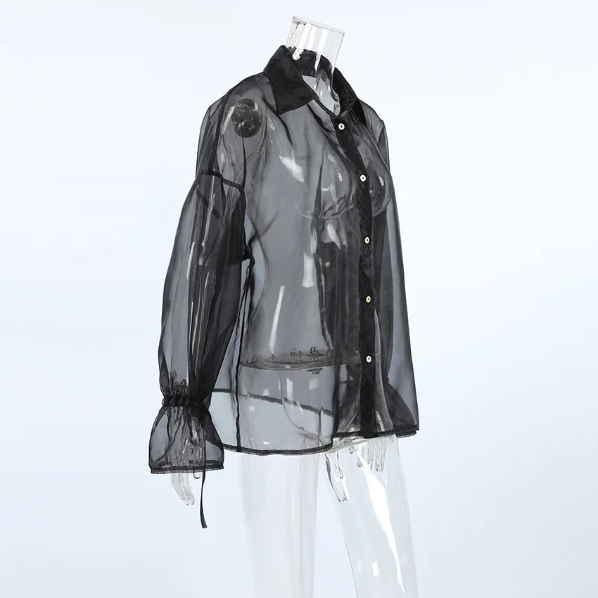 Mesh See-through Lace-Up Shirt Women's Sexy Long Sleeve Tops Fashion Solid Color Casual Streetwear Women's Shirt Tops