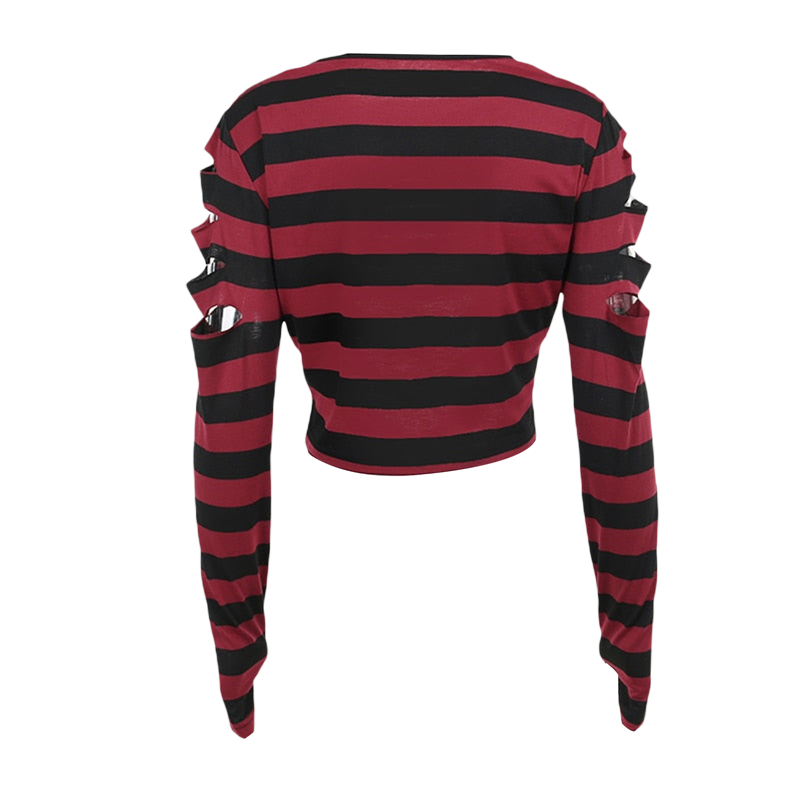 Cyber Punk y2k Top 2000s Women Striped Round Neck Long Sleeve T Shirt with Hole Gothic Clothes E Girl Tees Streetwear